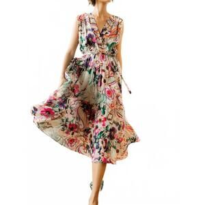 NEW GUADALUPE DESIGN emilia v-neck midi dress in off white/multi